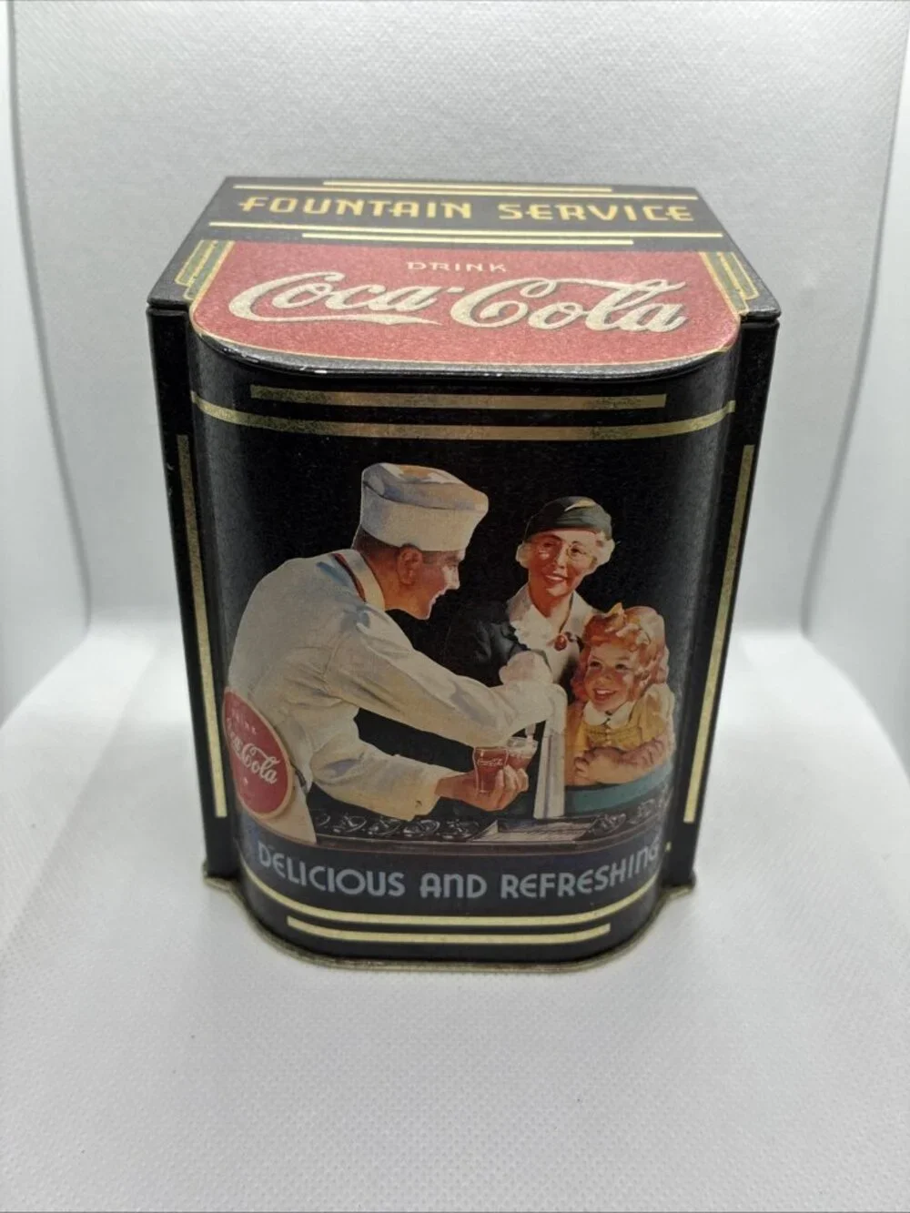 Vintage Coca Cola Fountain Service Tin Hinged Lid Bristolware 1995 Canister